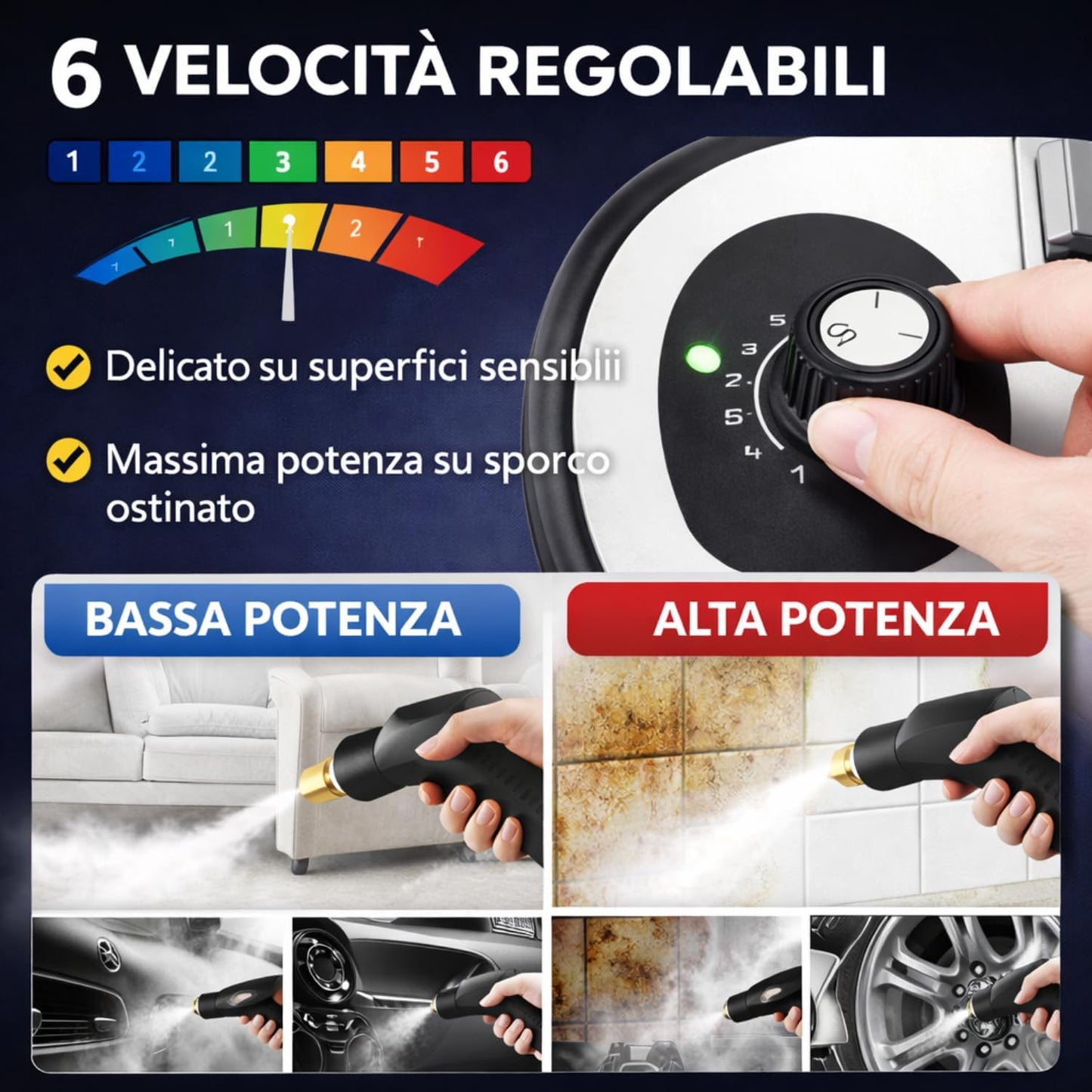 Pulitore a Vapore Casa 2500W, Pulitore Vapore Portatile ad Alta Pressione, 6 Velocità Regolabili, Serbatoio 1200 ml, Pulitore a Vapore per Cucina, Bagno, Finestre, Auto con 3 Testine.