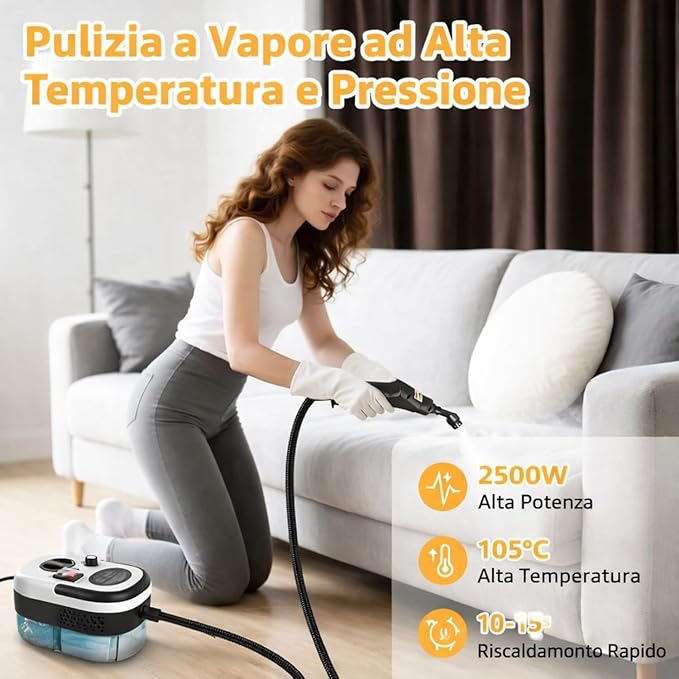 Pulitore a Vapore Casa 2500W, Pulitore Vapore Portatile ad Alta Pressione, 6 Velocità Regolabili, Serbatoio 1200 ml, Pulitore a Vapore per Cucina, Bagno, Finestre, Auto con 3 Testine.