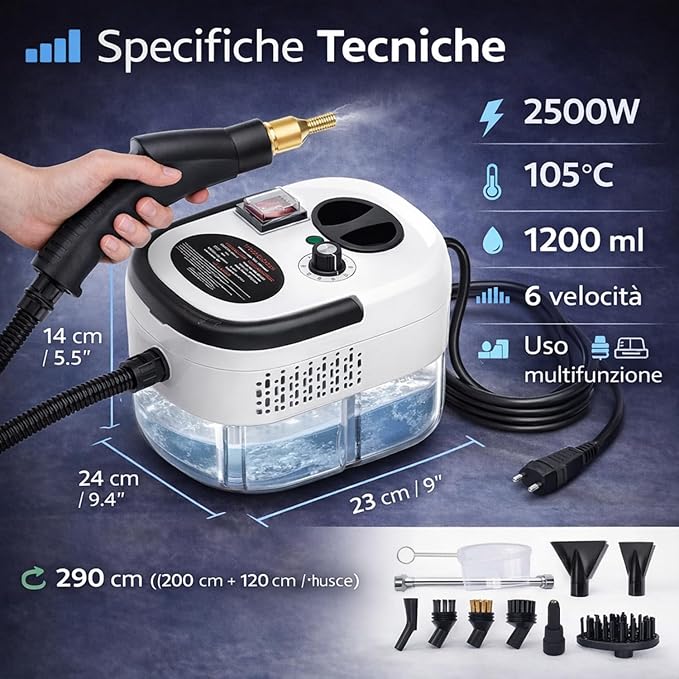 Pulitore a Vapore Casa 2500W, Pulitore Vapore Portatile ad Alta Pressione, 6 Velocità Regolabili, Serbatoio 1200 ml, Pulitore a Vapore per Cucina, Bagno, Finestre, Auto con 3 Testine.