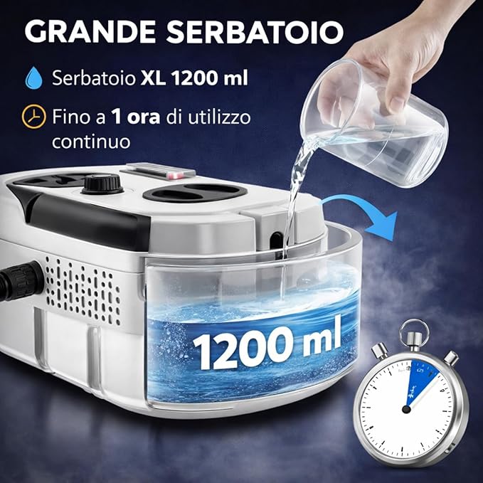 Pulitore a Vapore Casa 2500W, Pulitore Vapore Portatile ad Alta Pressione, 6 Velocità Regolabili, Serbatoio 1200 ml, Pulitore a Vapore per Cucina, Bagno, Finestre, Auto con 3 Testine.