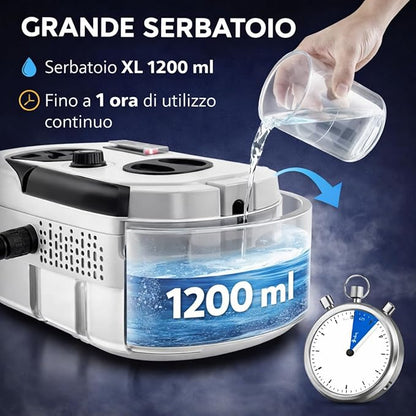Pulitore a Vapore Casa 2500W, Pulitore Vapore Portatile ad Alta Pressione, 6 Velocità Regolabili, Serbatoio 1200 ml, Pulitore a Vapore per Cucina, Bagno, Finestre, Auto con 3 Testine.