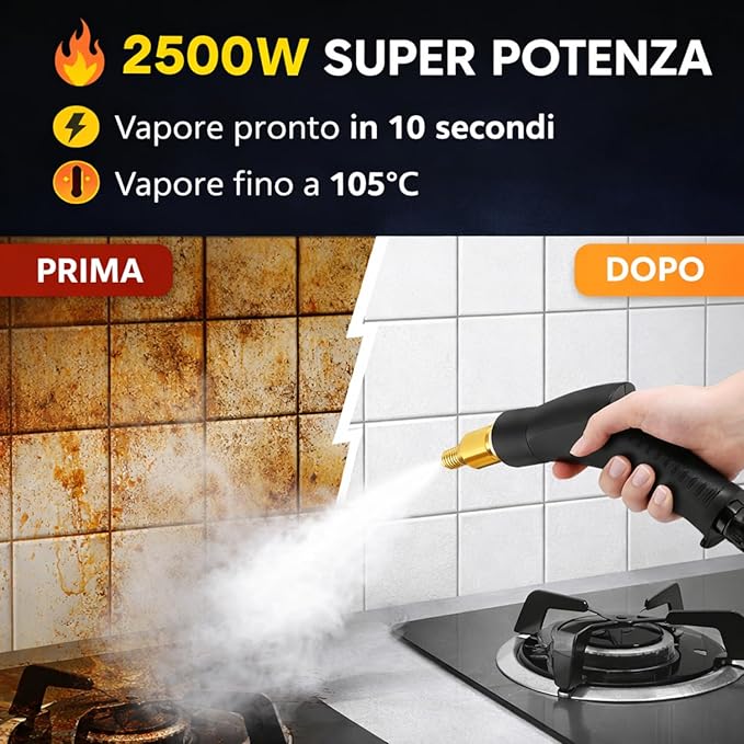 Pulitore a Vapore Casa 2500W, Pulitore Vapore Portatile ad Alta Pressione, 6 Velocità Regolabili, Serbatoio 1200 ml, Pulitore a Vapore per Cucina, Bagno, Finestre, Auto con 3 Testine.