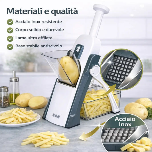 Mandolina per Verdure Multifunzionale con Lame in Acciaio Inox – Affettatrice e Chopper con Spessore Regolabile.