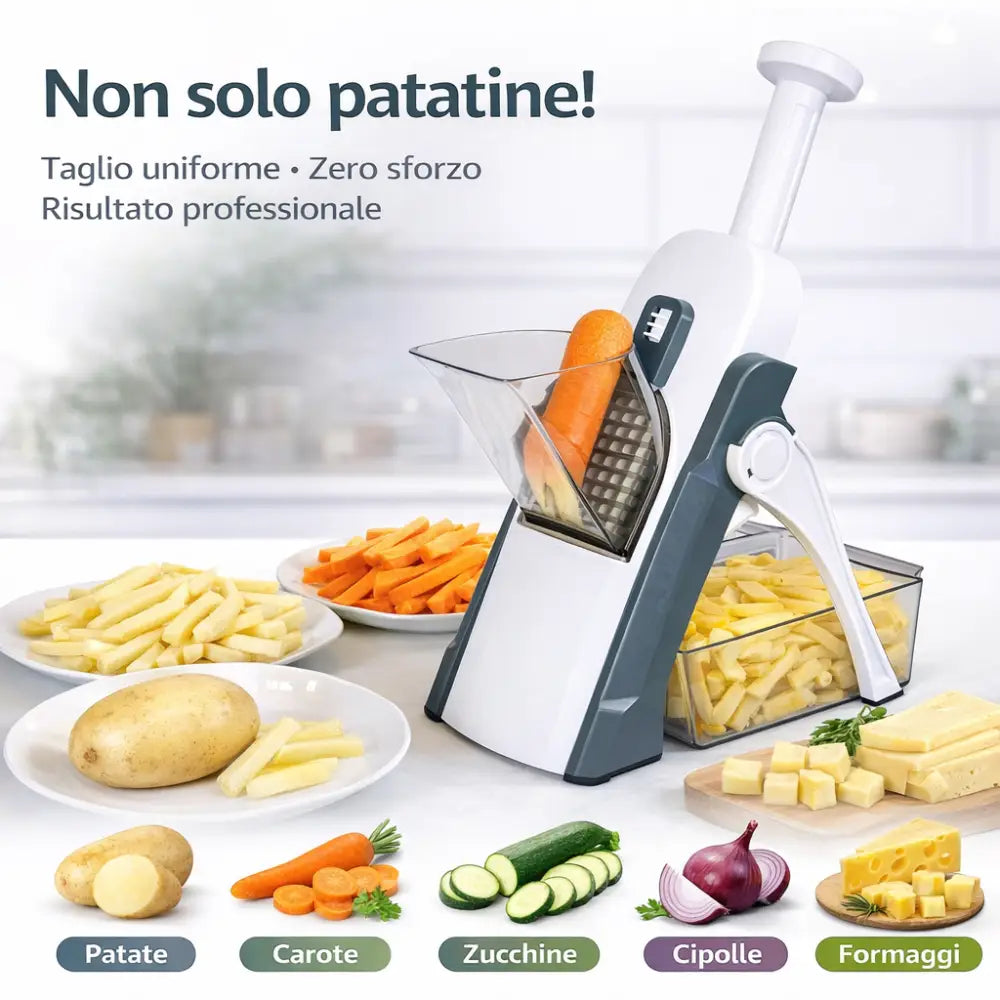 Mandolina per Verdure Multifunzionale con Lame in Acciaio Inox – Affettatrice e Chopper con Spessore Regolabile.