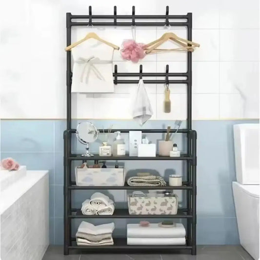 Mobile Salvaspazio con Mensole e Ganci Appendiabiti e Organizzatore per Scarpe in Tessuto | Soluzione Pratica per la Casa e la Camera da Letto