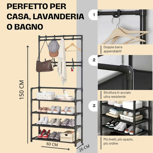 Mobile Salvaspazio con Mensole e Ganci Appendiabiti e Organizzatore per Scarpe in Tessuto | Soluzione Pratica per la Casa e la Camera da Letto