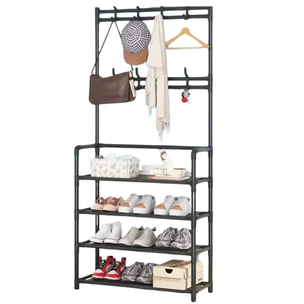 Mobile Salvaspazio con Mensole e Ganci Appendiabiti e Organizzatore per Scarpe in Tessuto | Soluzione Pratica per la Casa e la Camera da Letto