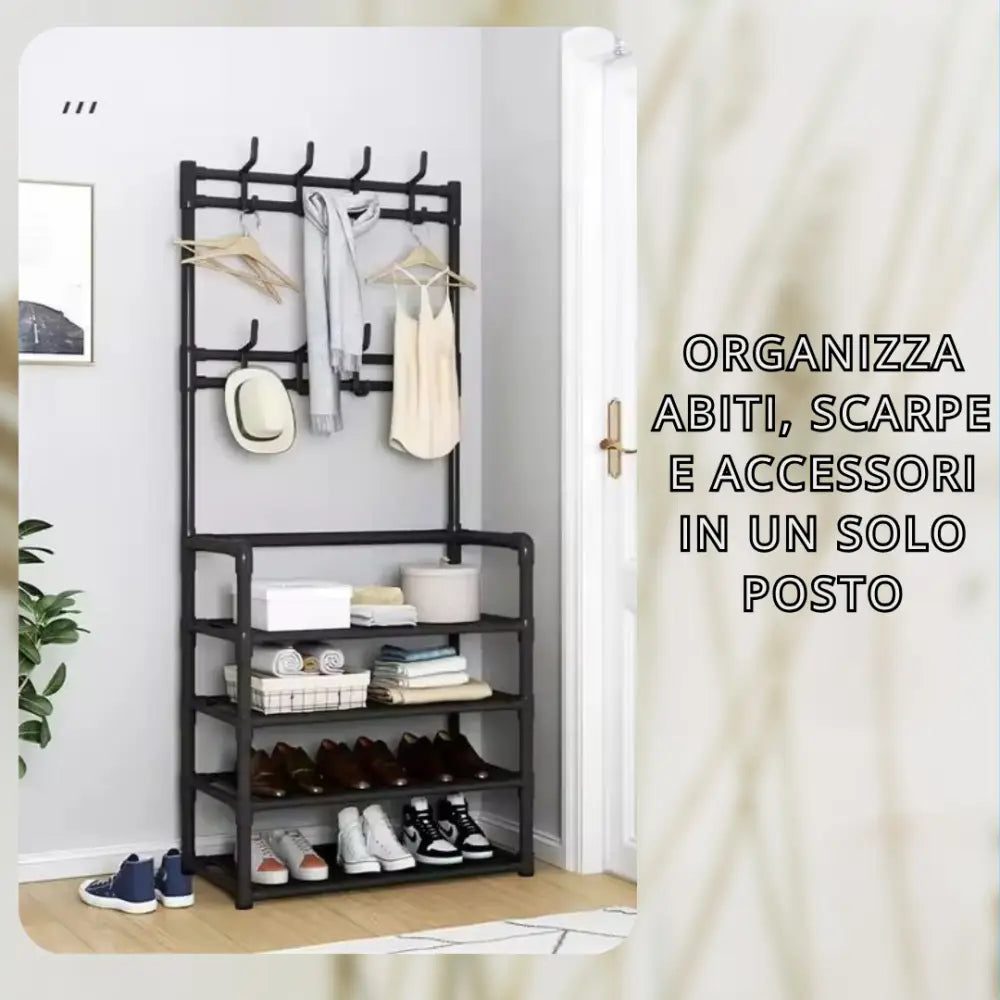 Mobile Salvaspazio con Mensole e Ganci Appendiabiti e Organizzatore per Scarpe in Tessuto | Soluzione Pratica per la Casa e la Camera da Letto