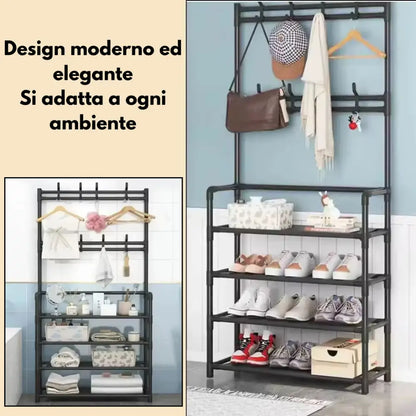 Mobile Salvaspazio con Mensole e Ganci Appendiabiti e Organizzatore per Scarpe in Tessuto | Soluzione Pratica per la Casa e la Camera da Letto