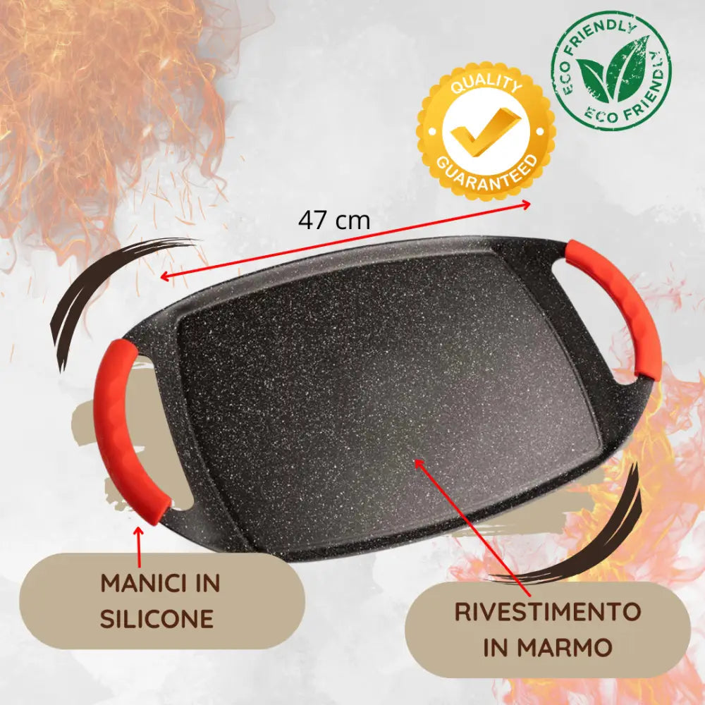 Padella Bistecchiera Antiaderente, 47cm in Alluminio Pressofuso, Rivestimento Effetto Marmo, Griglia Induzione per Carne, Pesce e Verdure.