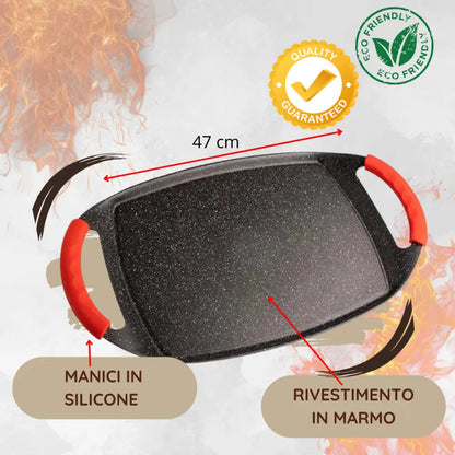 Padella Bistecchiera Antiaderente, 47cm in Alluminio Pressofuso, Rivestimento Effetto Marmo, Griglia Induzione per Carne, Pesce e Verdure.