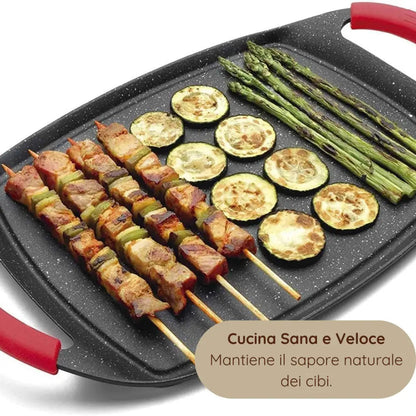 Padella Bistecchiera Antiaderente, 47cm in Alluminio Pressofuso, Rivestimento Effetto Marmo, Griglia Induzione per Carne, Pesce e Verdure.