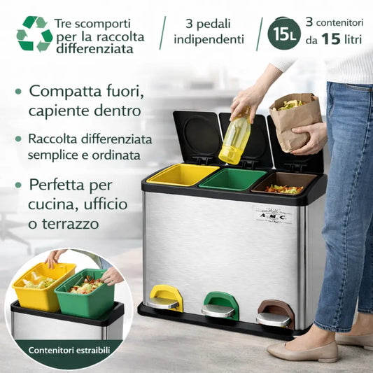 Pattumiera Differenziata 45L 3x15L con Pedale