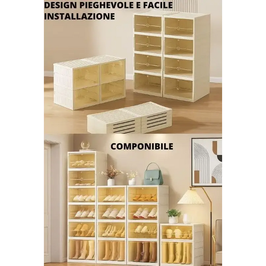 Scarpiera Salvaspazio Pieghevole, con 6 Ripiani Slim, Portascarpe Organizer Scarpe con Contenitori, Facile da Montare e Compatta. Colore Bianco